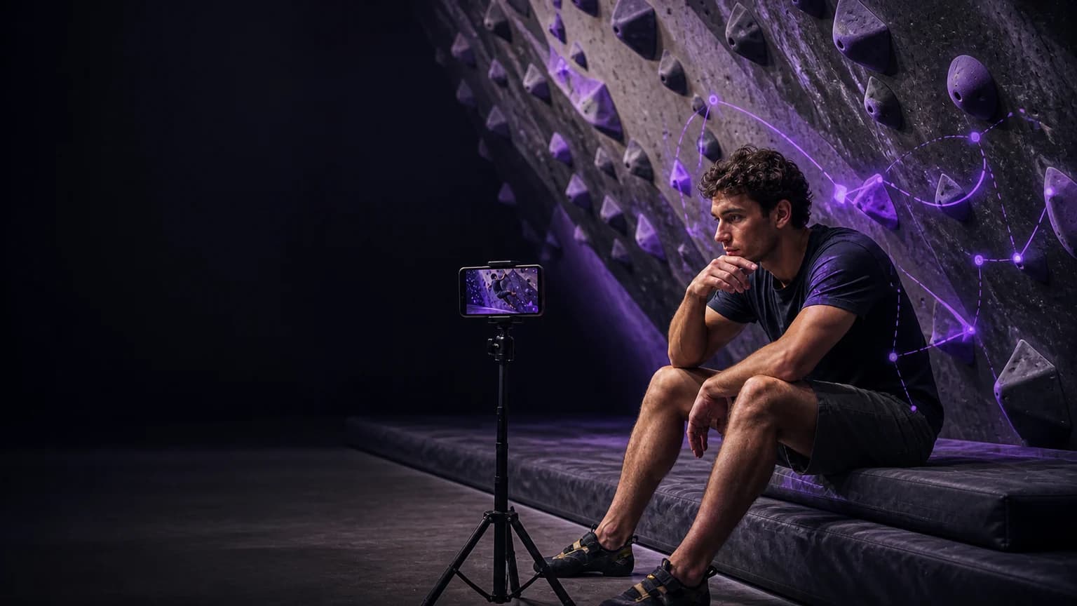 Boulderer reviewing a filmed attempt beside a violet indoor wall with a clear movement-analysis overlay