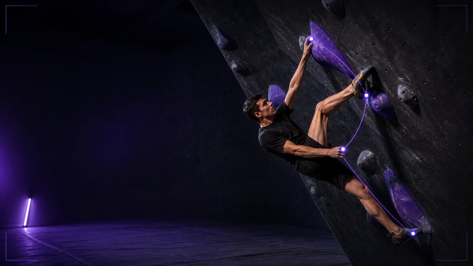 Bouldering AI analysis view of a climber holding a toe hook on a steep purple volume
