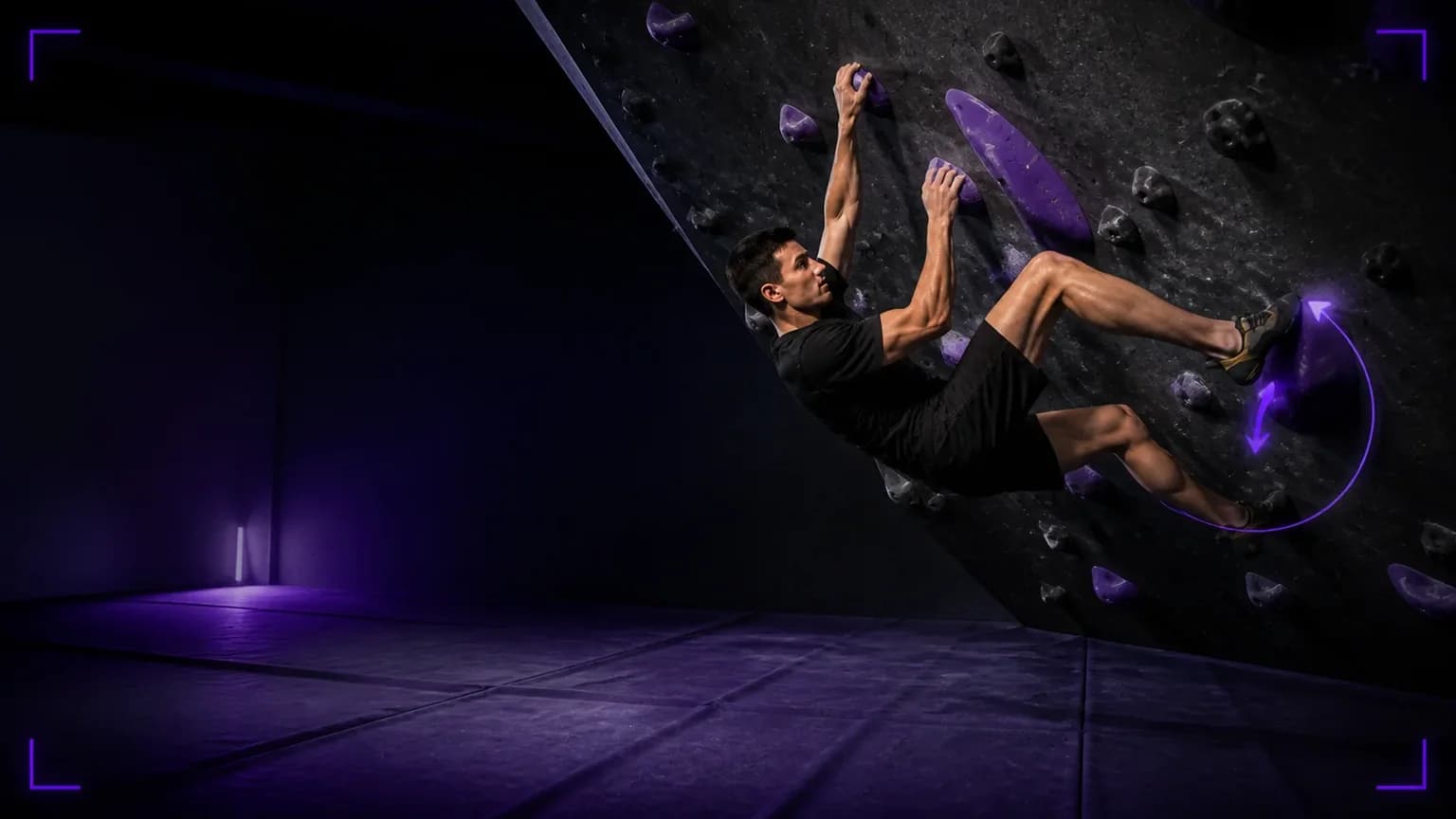 Heel hook in bouldering with a climber holding body tension over a purple hold